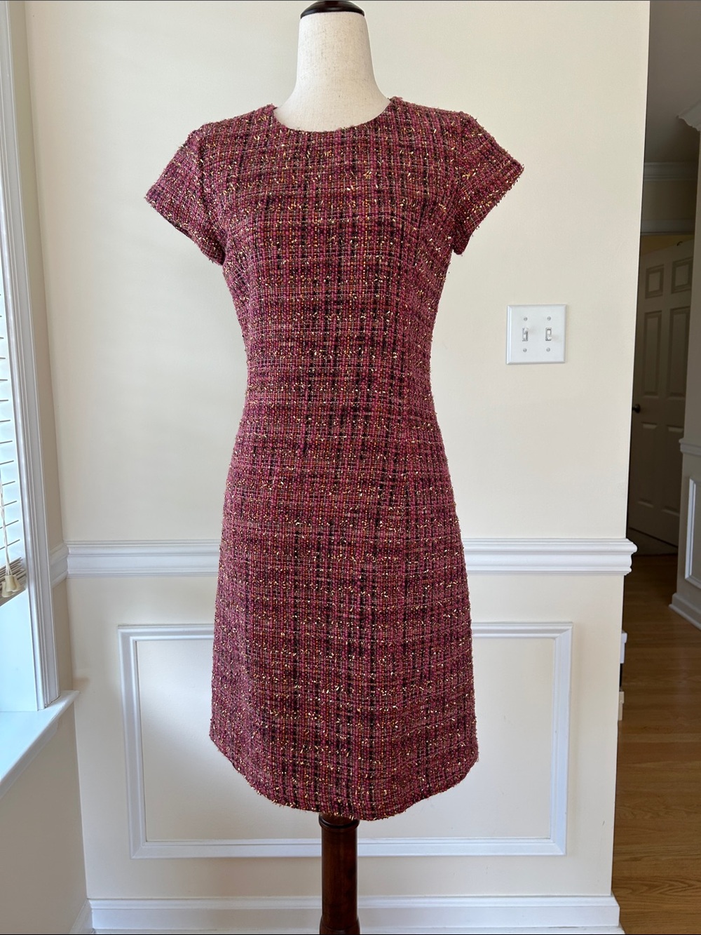 Brooks Brothers Burgundy Tweed Cap-Sleeve Sheath Dress